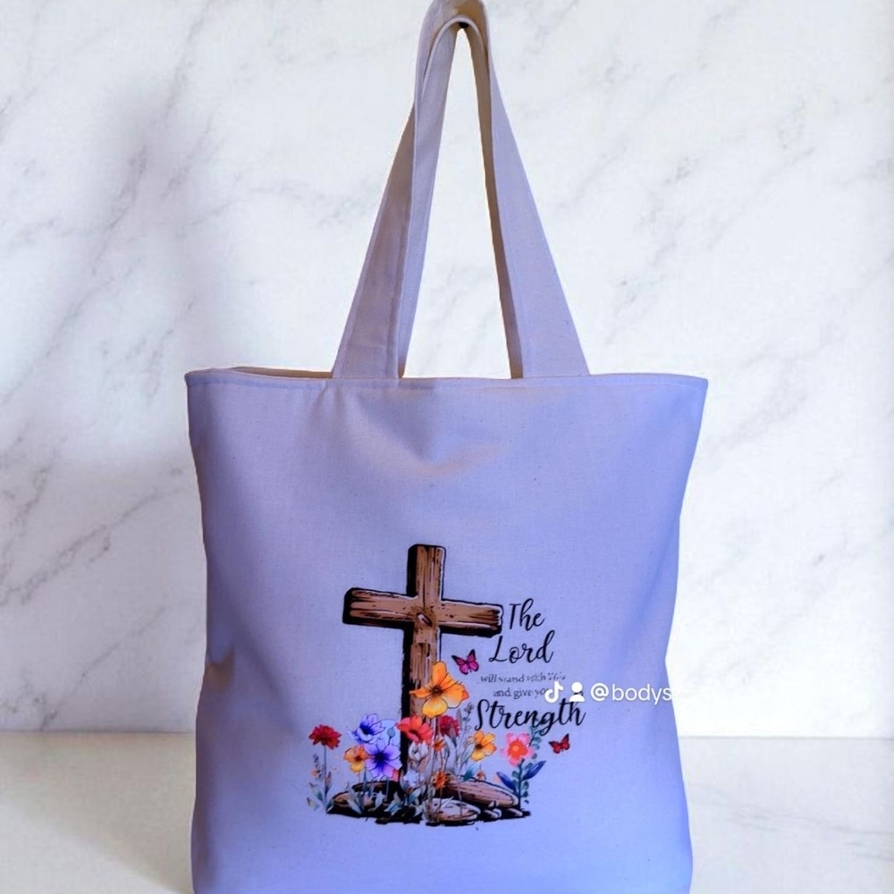 Inspirational Lavender Tote with Floral Cross